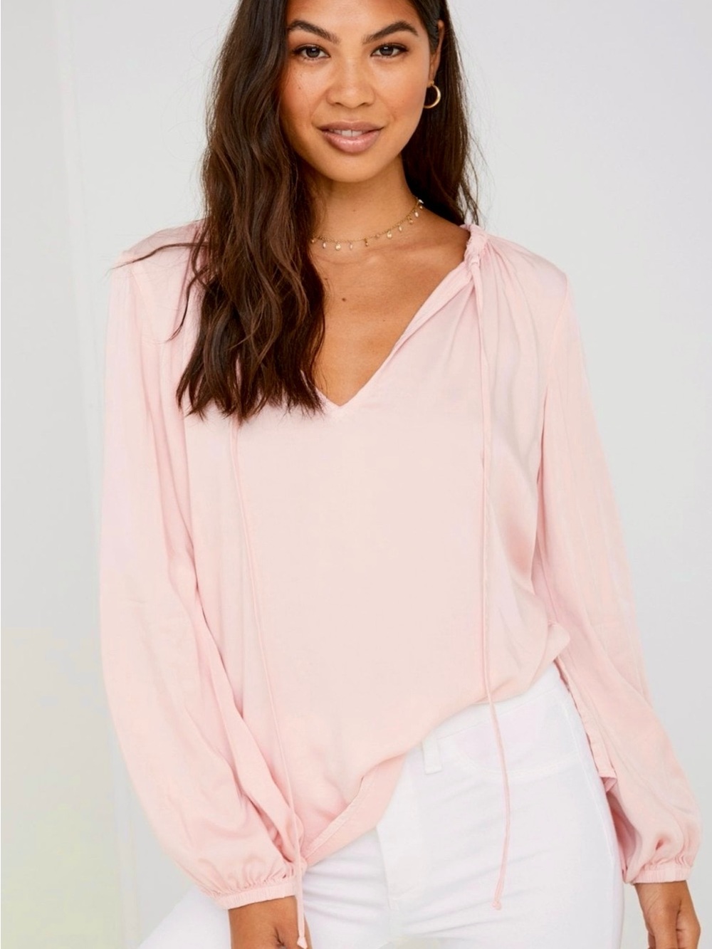 Bella Dahl Ecovera Shirred Elastic Neck V-neck Long Sleeve Top Sz S Peach